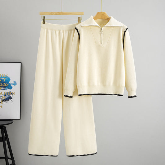 Autumn Winter Contrast Color Stand up Collar Contrast Color Long Sleeves Knitwear High Waist Wide Leg Pants Two Pieces Sets