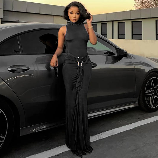 Women Clothing Solid Color Half Collar Slim Fit Sexy Metal Frog Button Dress