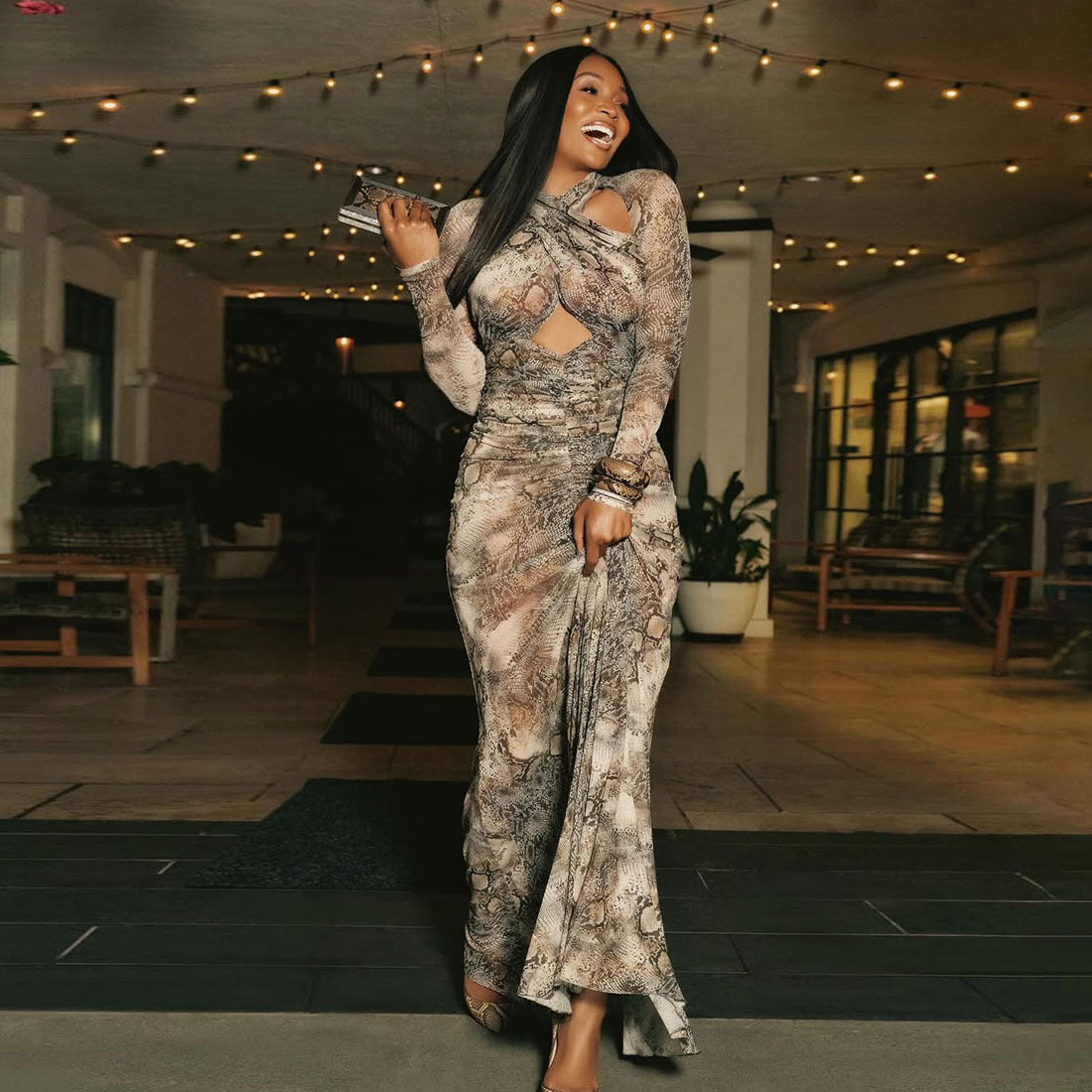 Autumn Personalized Snake Print Hollow Out Cutout Slim Sexy Jumpsuit Dress