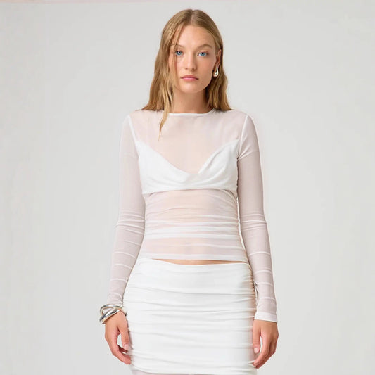 Women Tops Mesh See through Slim Fit Long Sleeved Sexy Top