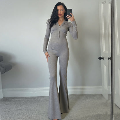 Women Clothing Autumn Solid Color V neck Button Tight Long Sleeve High Waist Micro Pull Jumpsuit
