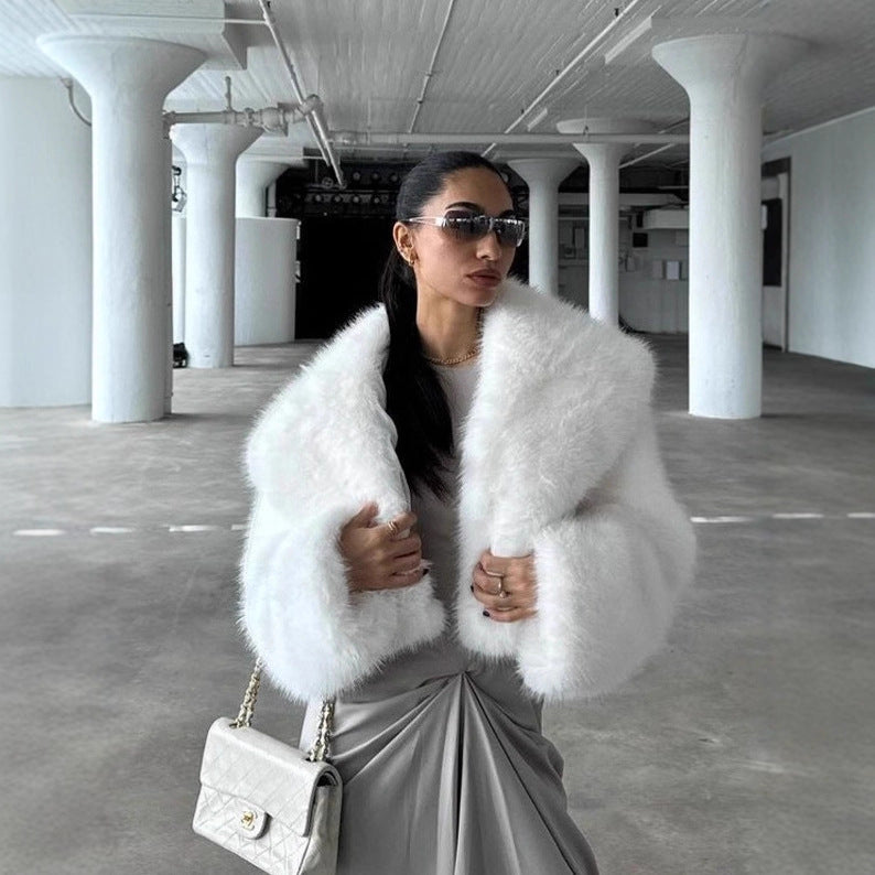 Elegant Collared Fur Coat Women Fluffy Soft White Fox Fur Top Plush Coat
