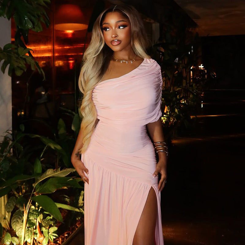 Women Clothing Special Split Casual Asymmetric One Shoulder Diagonal Collar Long Solid Color Dress