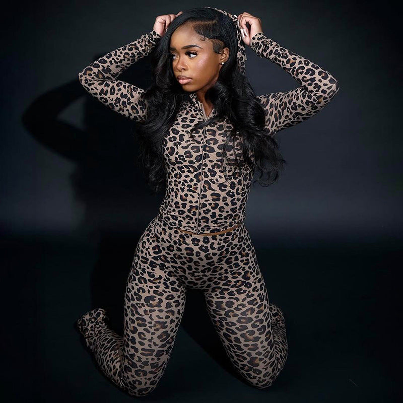 Autumn Winter Women Clothing Hooded Long Sleeve Leopard Print Sports Slim Fitting Trousers Two Piece Set