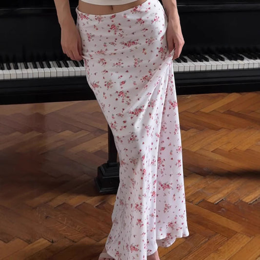 Summer Women Fresh Floral Print Beach Vacation Slim Fit Draping High Waist Skirt Gentle Long Skirt