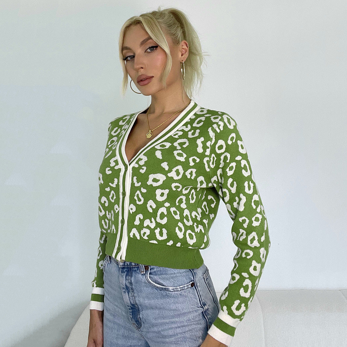 Leopard Print Knitted Cardigan Sweater Short Top Autumn Winter Wild Women Streetwear