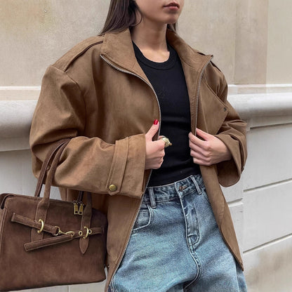 Women Brown Loose Jacket Coat Autumn Winter Retro Maillard Casual