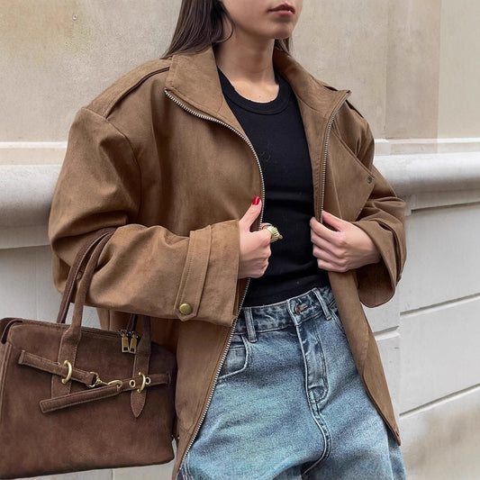 Women Brown Loose Jacket Coat Autumn Winter Retro Maillard Casual