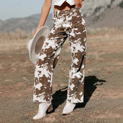 Women Irregular Asymmetric Pattern Print Jeans