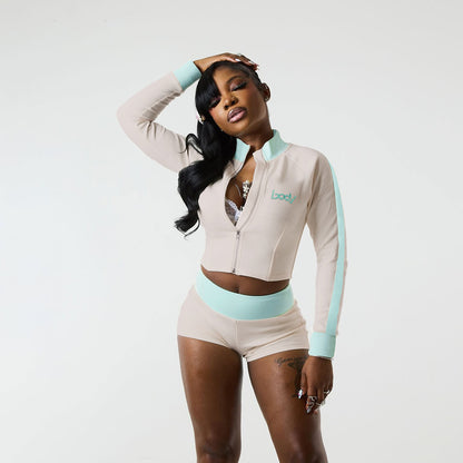 Fall Women Clothing Long Sleeve Stand Collar Color Contrast Zipper Embroidery Sports Shorts Set