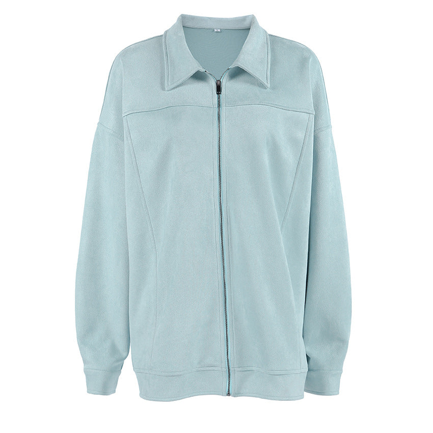 Retro Leather Coat Women Niche Blue Cool Feeling High Street Fashionable Zipper Autumn Winter Suede Jacket