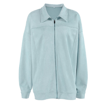 Retro Leather Coat Women Niche Blue Cool Feeling High Street Fashionable Zipper Autumn Winter Suede Jacket