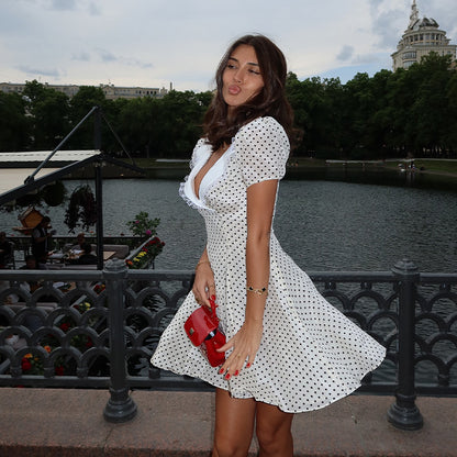 All Match Sexy Deep V Plunge Collared Puff Sleeve Elegant Small High Waist Slim Fit Polka Dot Dress