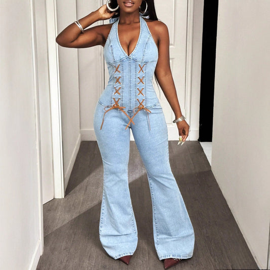 Halter Tight Waist Slim Medium Elastic Washing Denim Suspenders Pants