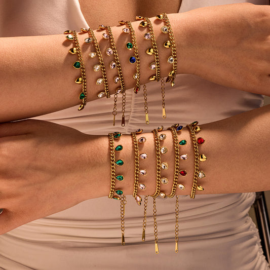 Classic All Match Stainless Steel Bracelet High Grade Colored Loving Heart Geometric Abstract Rhinestone Tassel Titanium Steel Jewelry