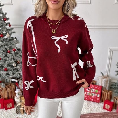 Autumn Winter Christmas Festival Sweet round Neck Bowknot Brocade Sweater Women