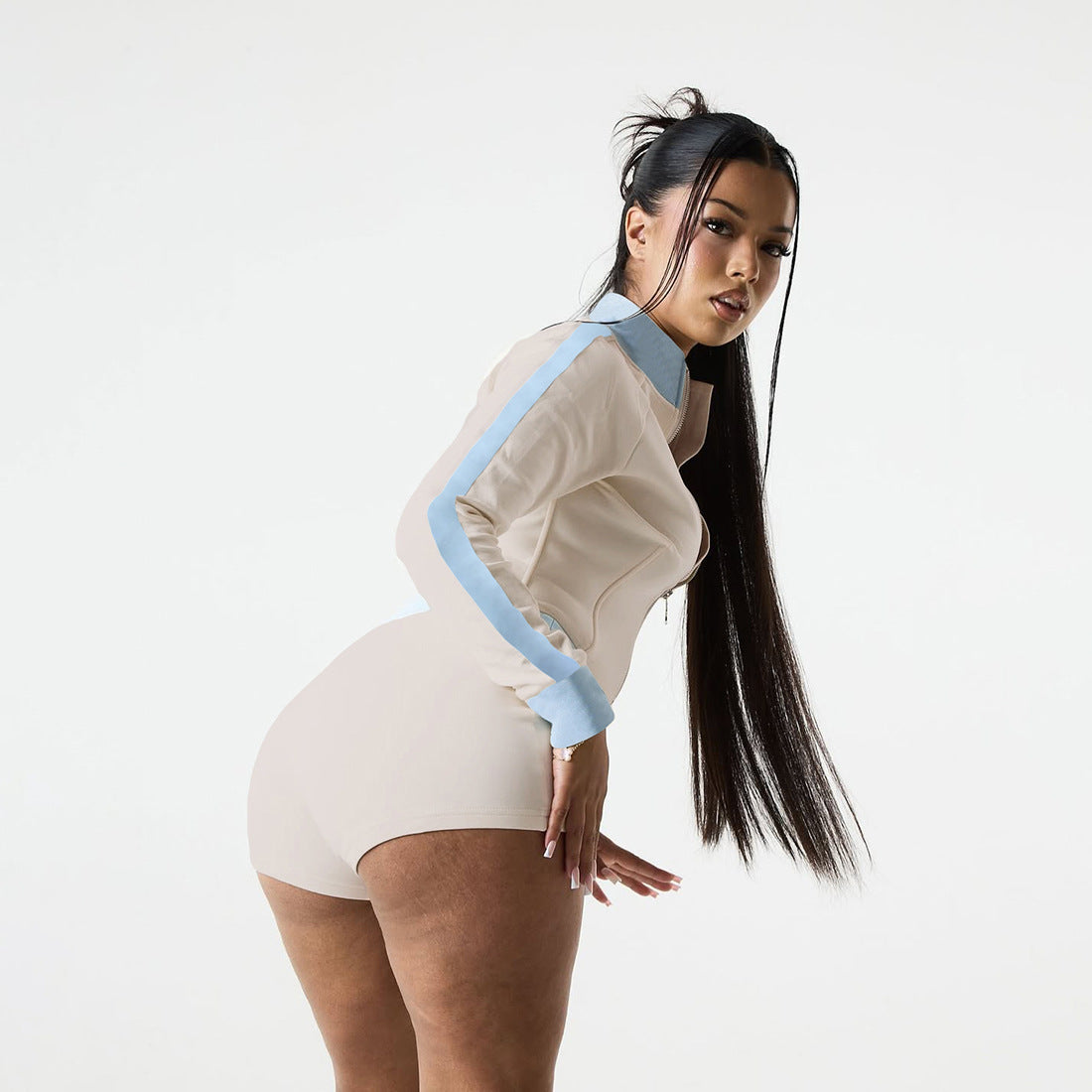 Fall Women Clothing Long Sleeve Stand Collar Color Contrast Zipper Embroidery Sports Shorts Set