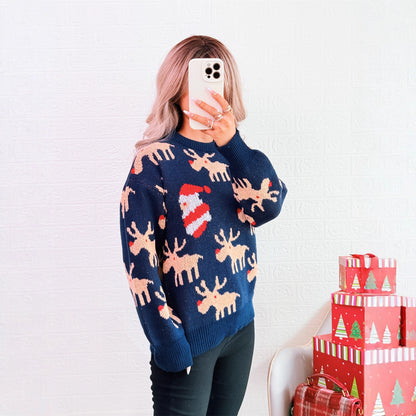 Christmas Contrast Color Deer Sweater Crew Neck Casual Loose Year Knitted Top