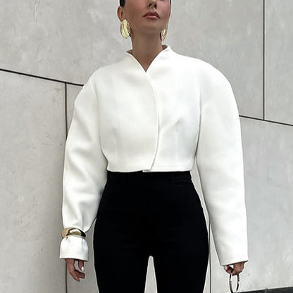 Autumn Stylish Graceful Simple V neck Machete Long Sleeve Loose Fitting Short Coat Women