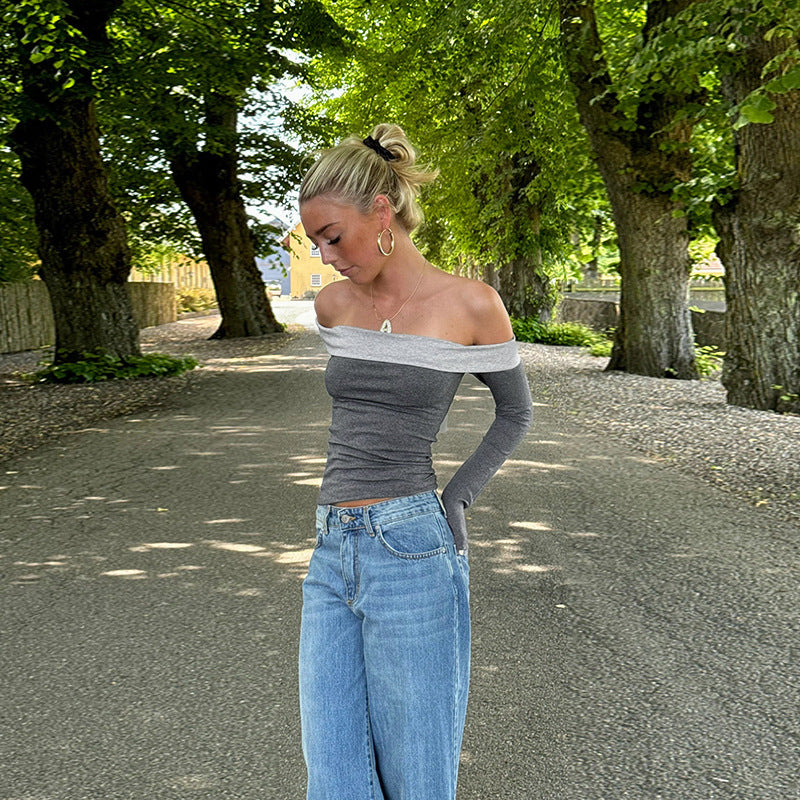 French Pure Sexy off Shoulder Inner Wear Women Spring Autumn Long Sleeve T shirt off Shoulder Bottoming Shirt Top