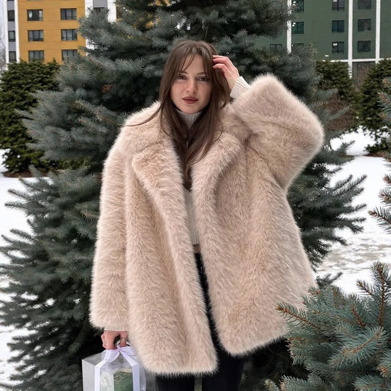 Fur Coat Women Autumn Winter Warm Collar Faux Fur Overcoat Mid-Length Fox Fur Jacket