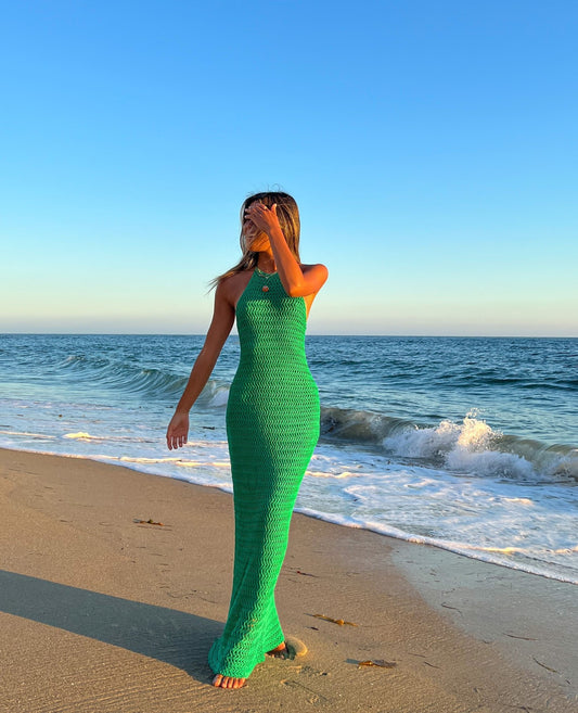 Halter Backless Maxi Dress Knitted Sleeveless Beach Bohemian Long Hollow Out Cutout Dress Women