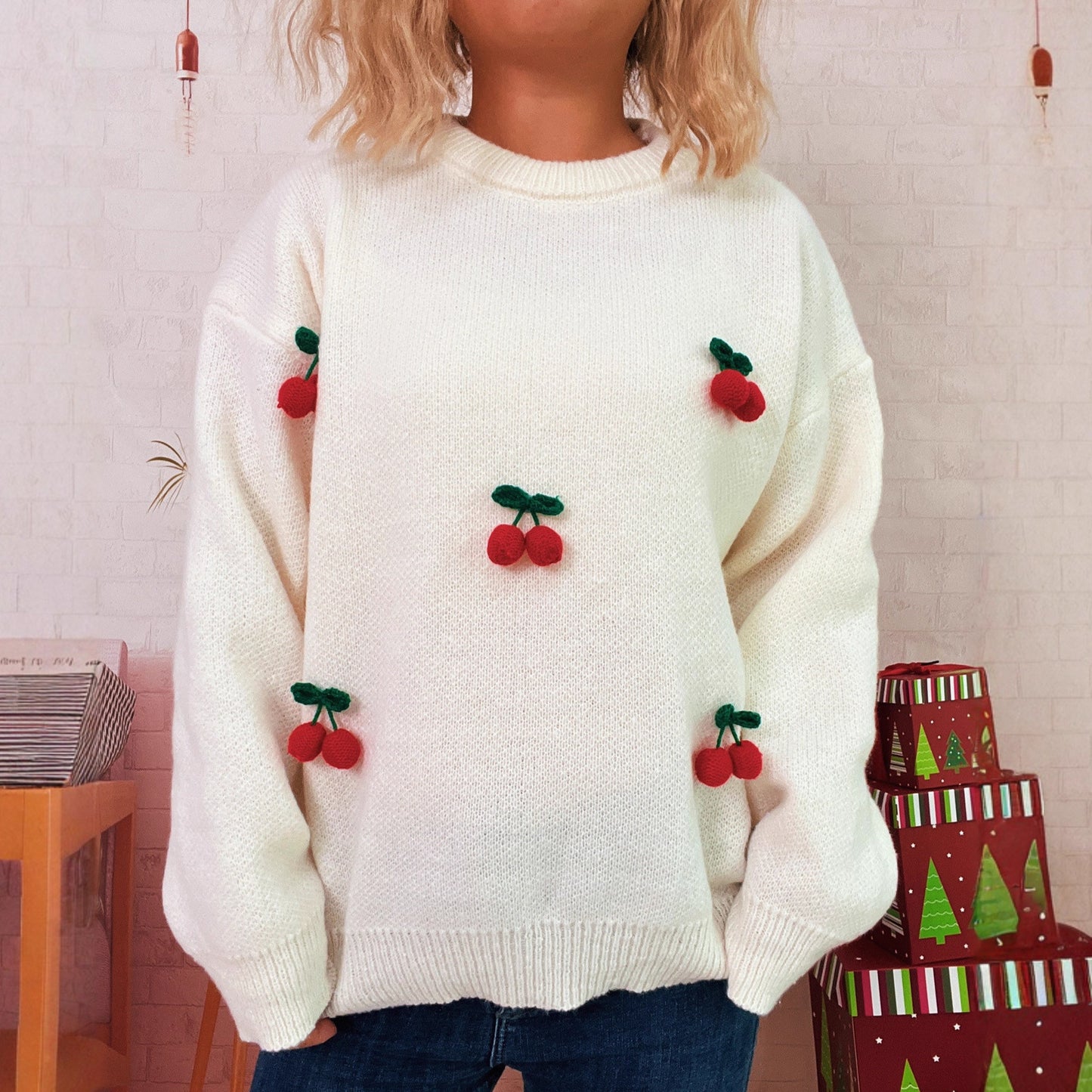 Christmas Sweet Tridimensional Cherry Knitwear Crew Neck Casual Loose Warm Women Sweater