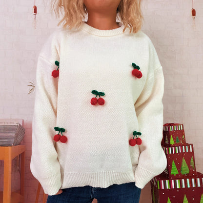 Christmas Sweet Tridimensional Cherry Knitwear Crew Neck Casual Loose Warm Women Sweater