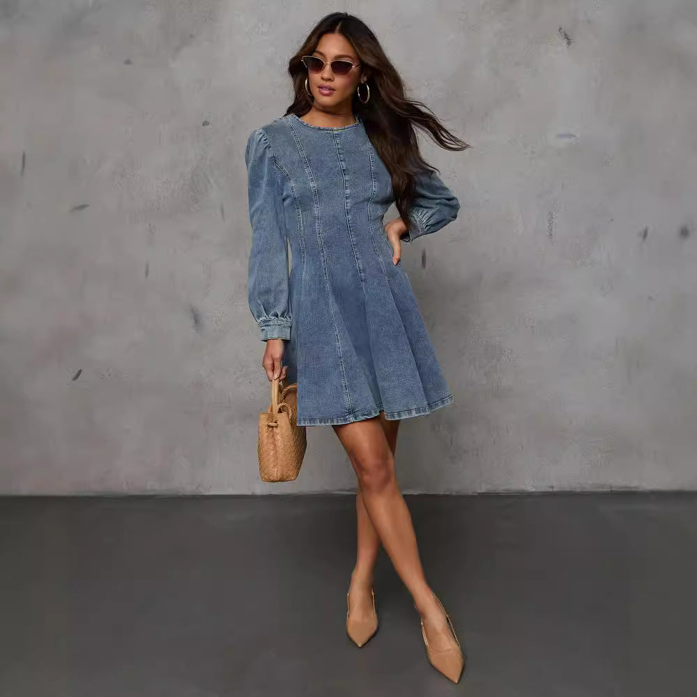 Autumn Casual Patchwork Tight Waist Women Denim Long Sleeve Dress