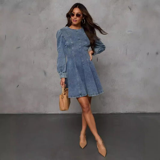 Autumn Casual Patchwork Tight Waist Women Denim Long Sleeve Dress