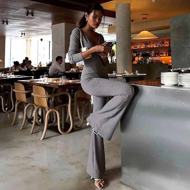 Women Clothing Autumn Solid Color V neck Button Tight Long Sleeve High Waist Micro Pull Jumpsuit