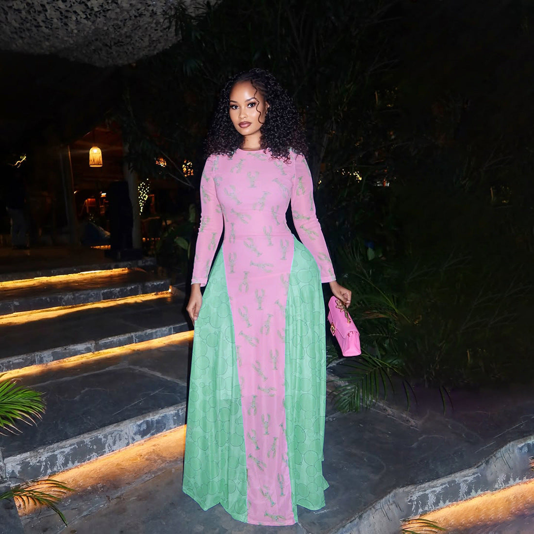 Autumn Retro Women Mesh round Neck Contrast Color Loose Waist Controlled Long Sleeves Printing Dress