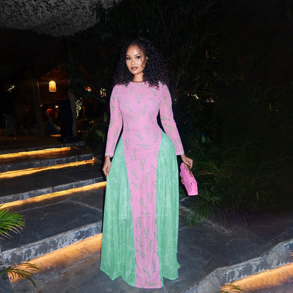 Autumn Retro Women Mesh round Neck Contrast Color Loose Waist Controlled Long Sleeves Printing Dress