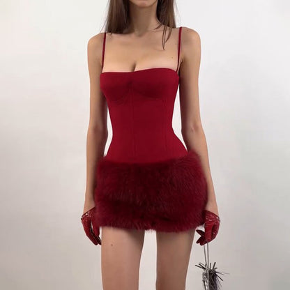 Spring Summer Arrival Christmas Year Sexy Spaghetti Straps Corset Plush Sheath Dress Short Women
