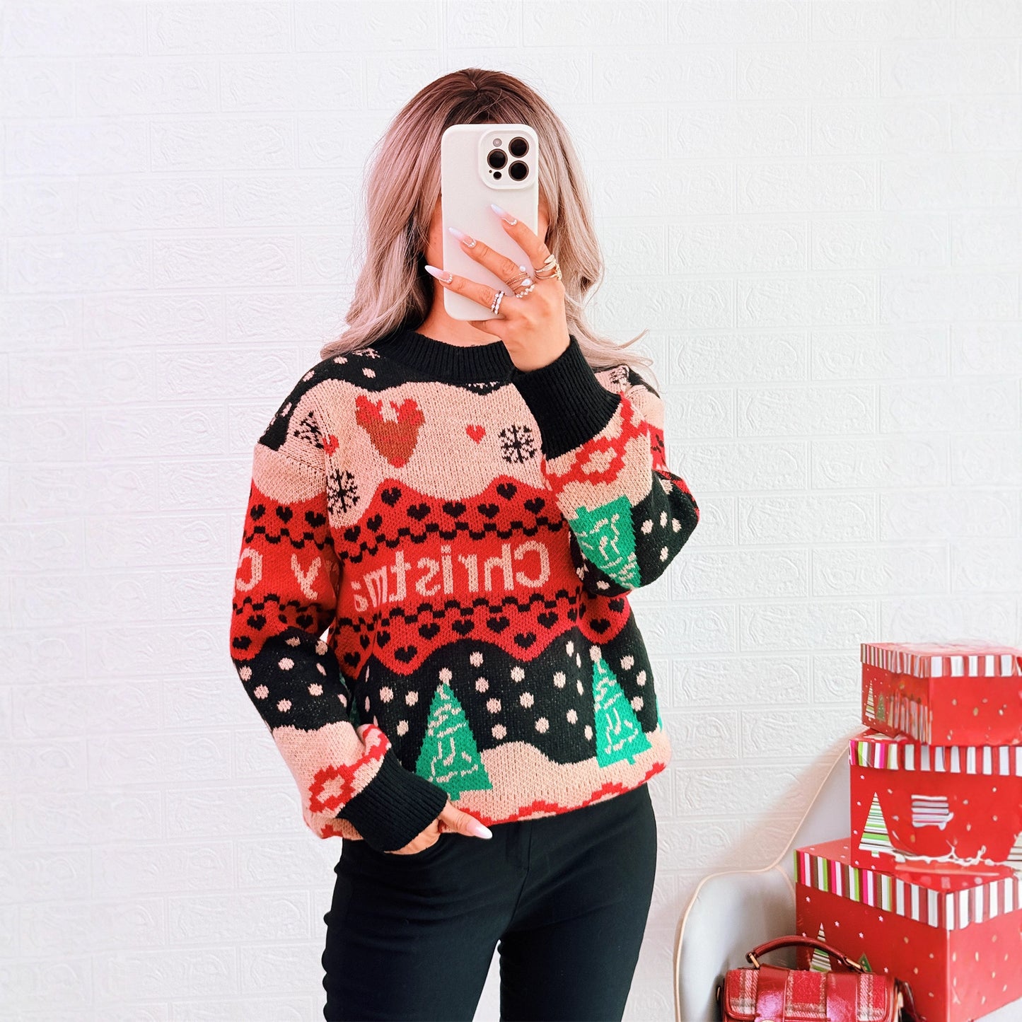 Fall Winter Christmas Contrast Color Loose Sweater Women round Neck Year Sweater