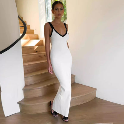 Vest Contrast Color Beach Vacation Sexy V Neck Maxi Dress Knitted Sleeveless Split Maxi Dress