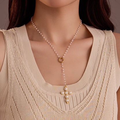 Stainless Steel Cross Shelf Embellished Pearl Retro Adjustable Women Clavicle Necklace
