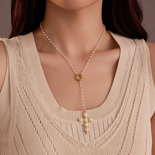Stainless Steel Cross Shelf Embellished Pearl Retro Adjustable Women Clavicle Necklace