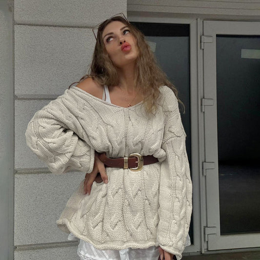 Autumn Winter Lazy V neck Cable Knit Sweater Loose Slimming All Matching Long Sleeved Woolen Top Women