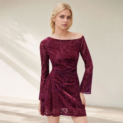 Arrival Women Clothing Sexy off the Shoulder Short Dress Velvet Burnt Floral Long Sleeve Mini Dress