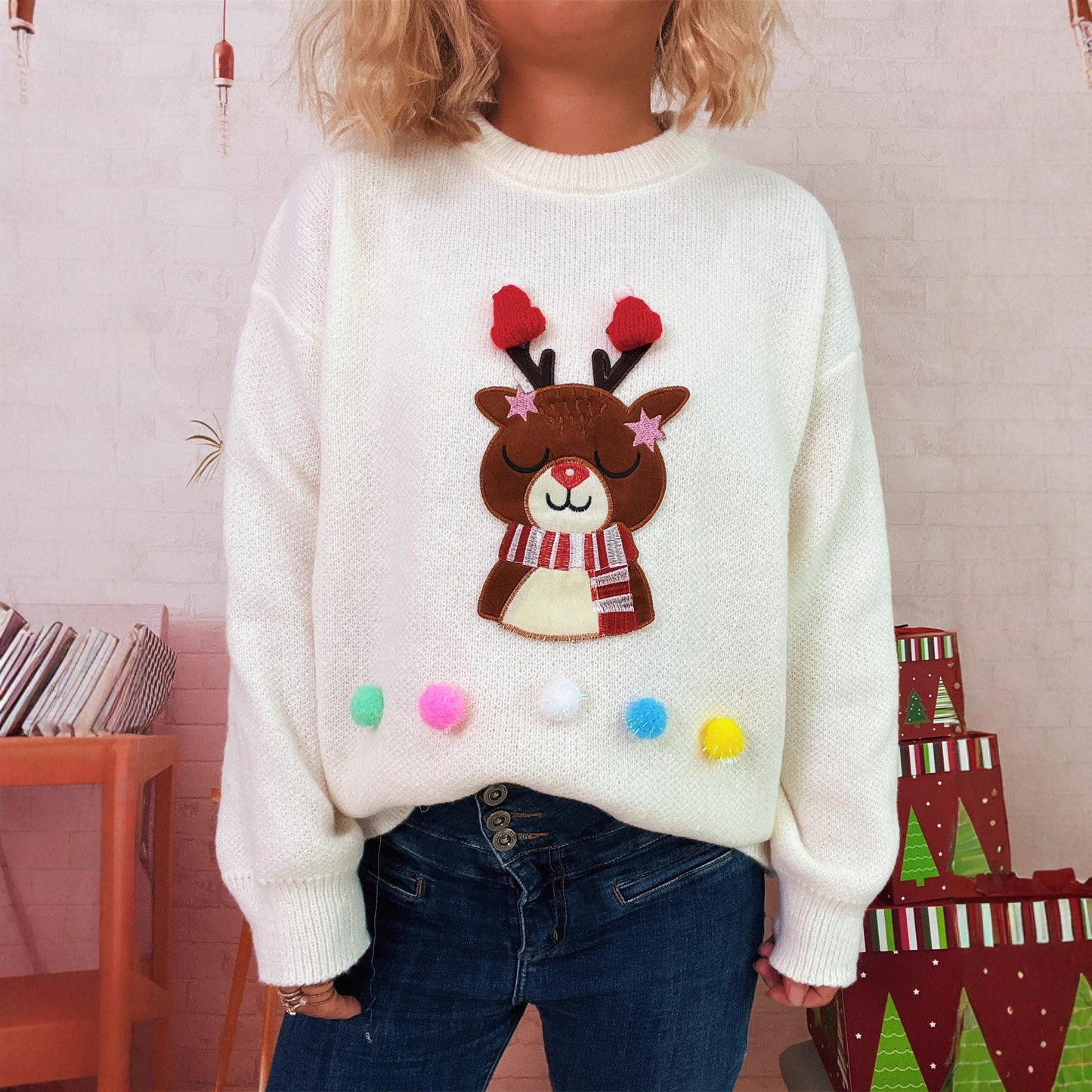Christmas Cartoon Deer Knitted Top Crew Neck Casual Chic Women Sweater