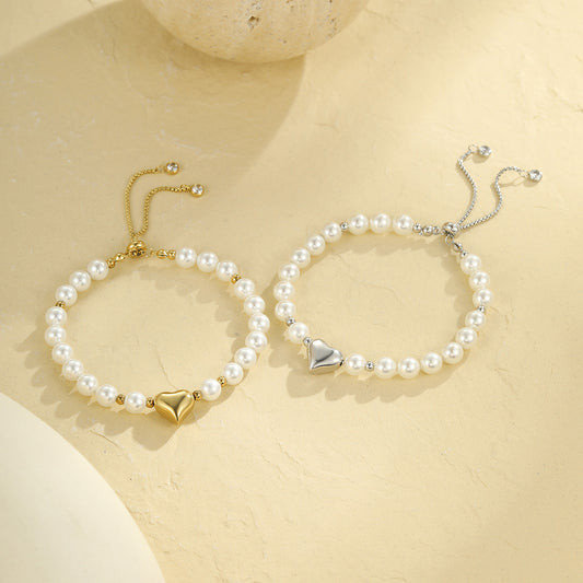 High Grade Sweet Cool Pearl Heart Bracelet Twin Colorfast 18K Bracelet Affordable Luxury