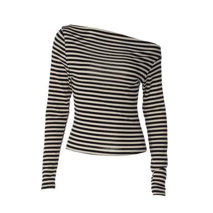 Contrast Color Striped Diagonal Collar Long Sleeved T shirt Women Autumn Inner Wear Bottoming Shirt Top
