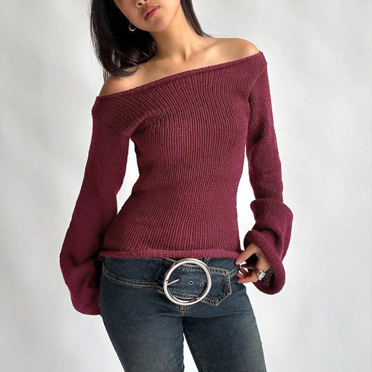 Women Clothing Autumn Long Sleeve off Shoulder Solid Color Woolen Top Women