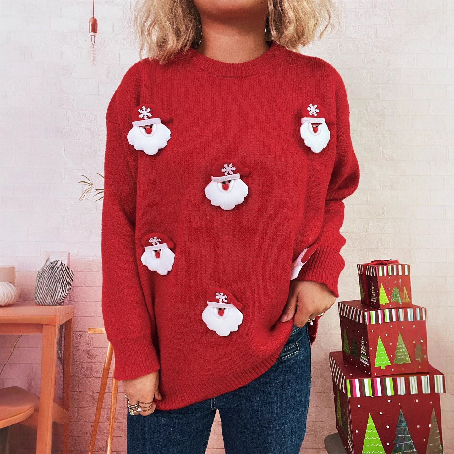 Autumn Winter Christmas Patchwork Santa Claus Casual Warm Knitted Top Lazy Sweater