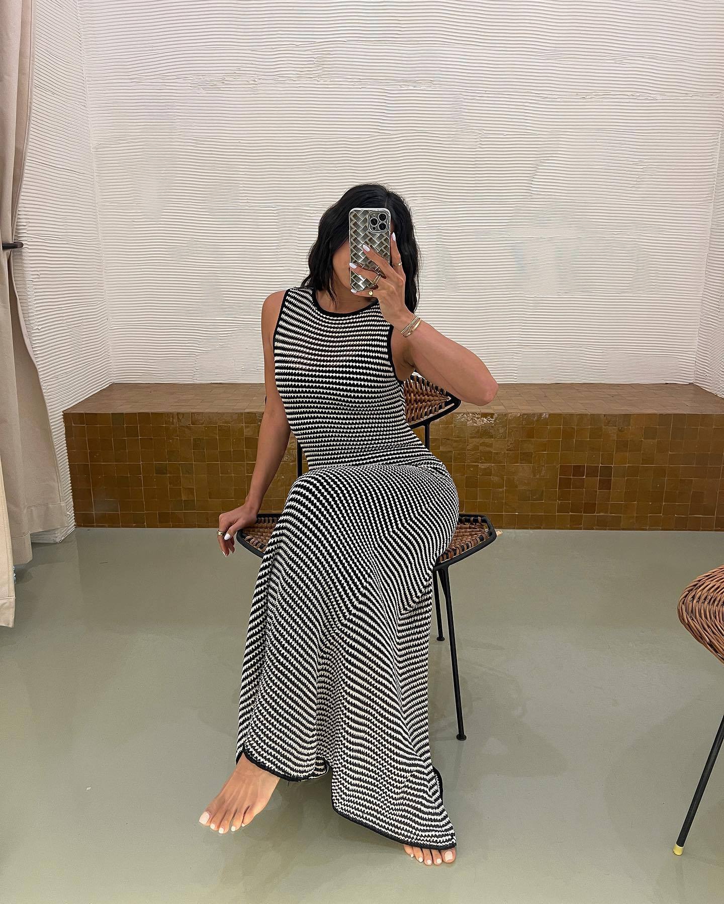 Striped Knitted Maxi Dress Sleeveless Hollow Out Cutout Beach Bohemian Casual Maxi Dress Women