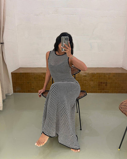 Striped Knitted Maxi Dress Sleeveless Hollow Out Cutout Beach Bohemian Casual Maxi Dress Women