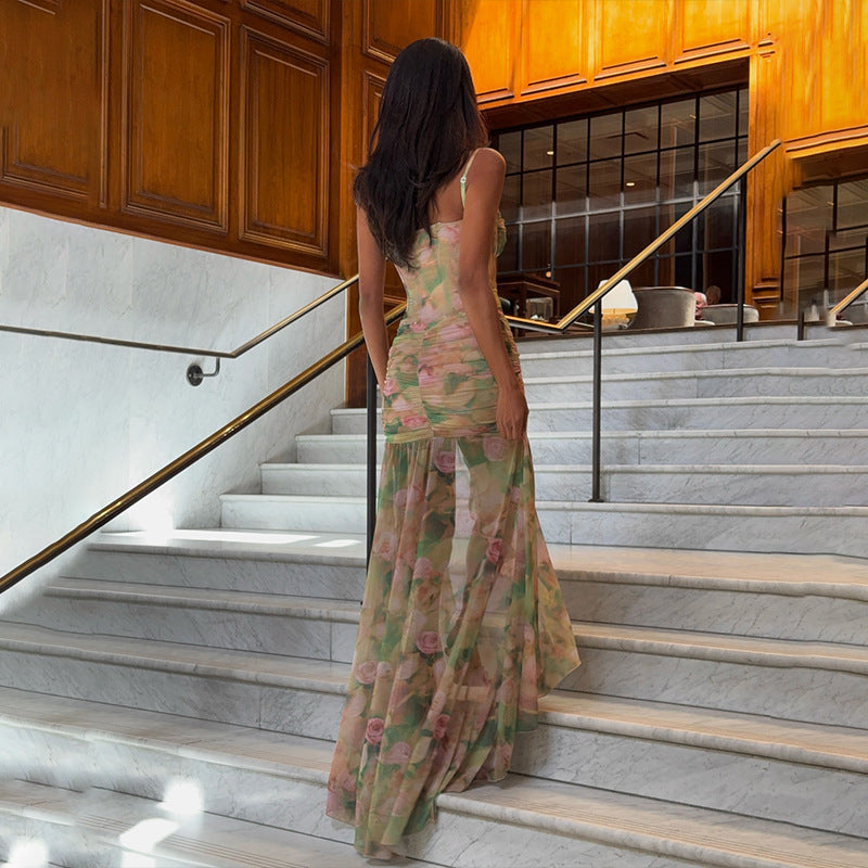 Women Clothing Summer Sexy Spaghetti Strap Floral Print Vacation Beach High Waist Slimming Slit Dress Women