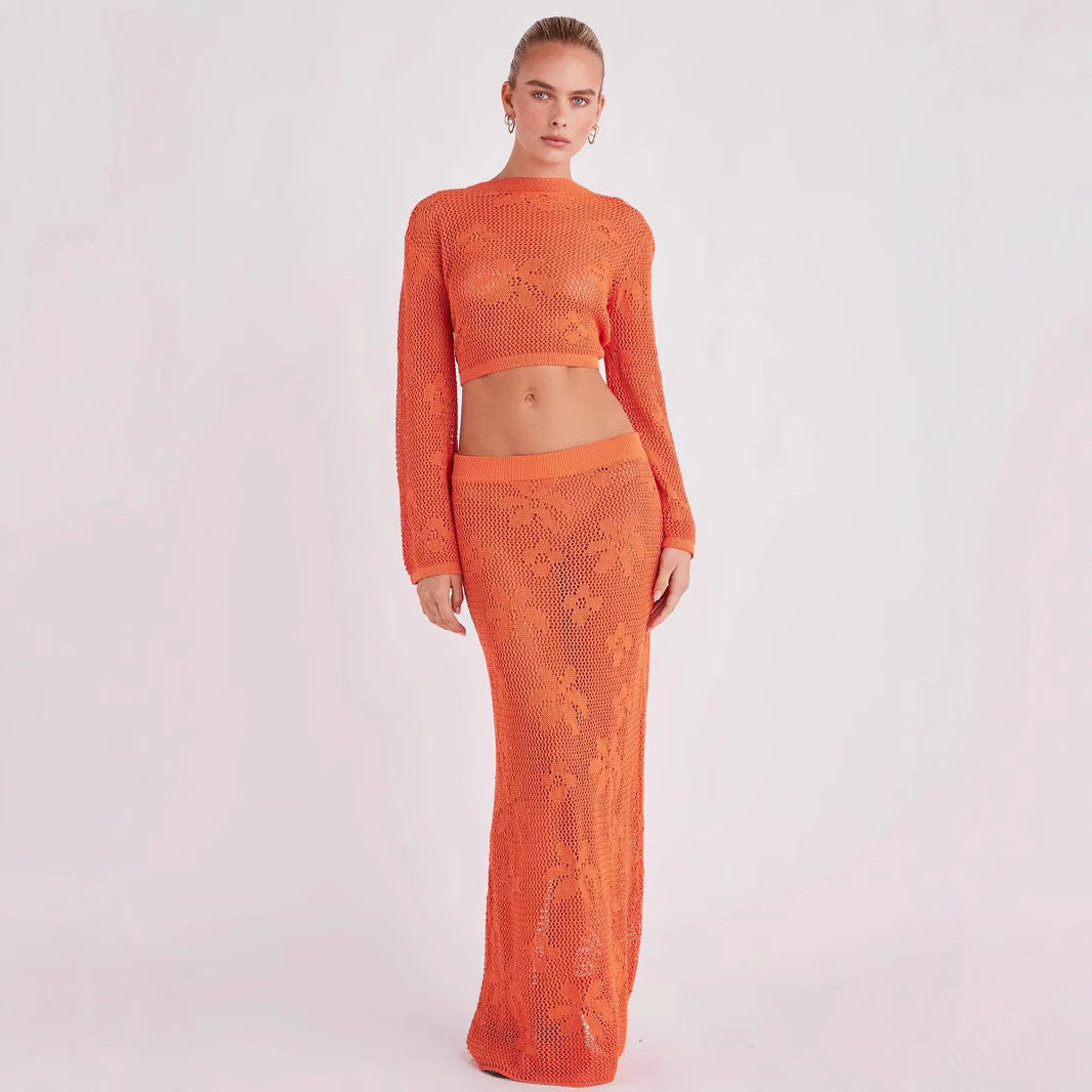 Hollow Out Cutout out Long Sleeve Knitted Two Piece Sets Short Top Beach Seaside Sexy Skirt