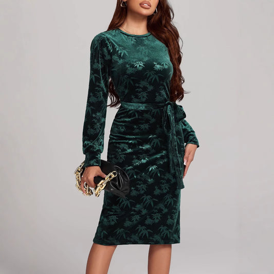 Autumn Winter Long Sleeve Waist Slimming Printed Velvet Dress Women Clothing